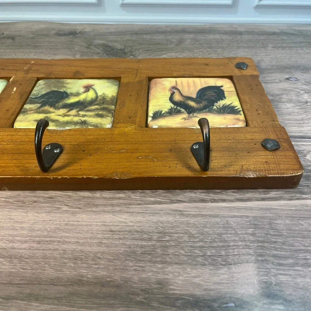 Rooster Wall Rack Wood Ceramic Tile 3 Hook Key Holder Brown Farmhouse Rustic